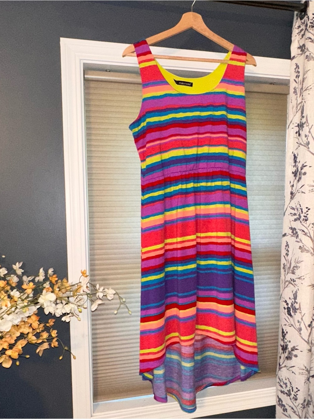 Maurices Multicolor Striped High-Low Dress with Neon Yellow Trim
